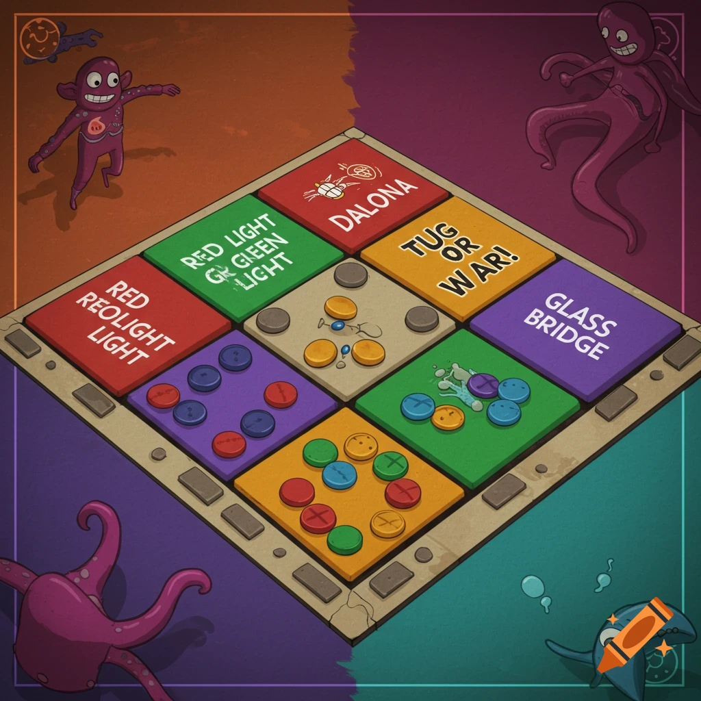 Cartoon illustration of a Squid Game themed board game with colorful squares labeled for different challenges, surrounded by stylized octopus and monkey characters.
