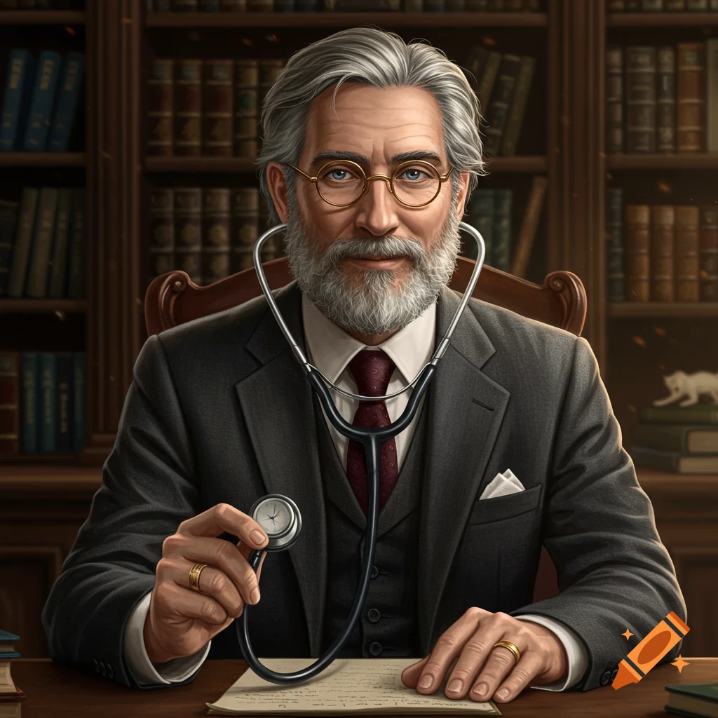 An older man dressed as a doctor, holding a stethoscope, is seated at a desk with a bookshelf behind him.