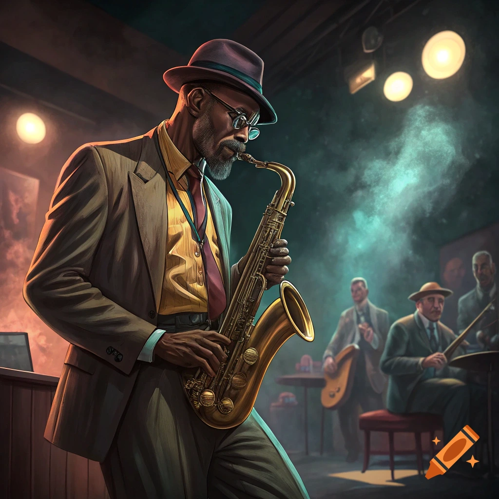 A man in a suit and hat plays a saxophone on a stage in a dimly lit jazz club.