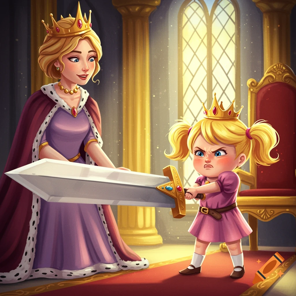 Whimsical fairytale illustration of a determined little princess lifting a large sword as a queen watches in a castle throne room.