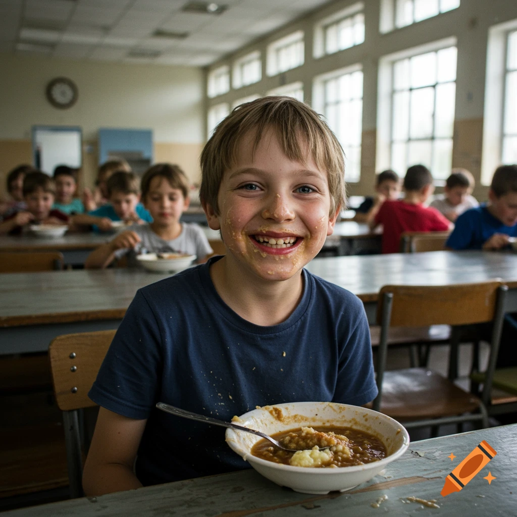 A young boy with food smeared on his face smiles widely while eating at a table in a school or orphanage dining hall. Other children eat in the background.