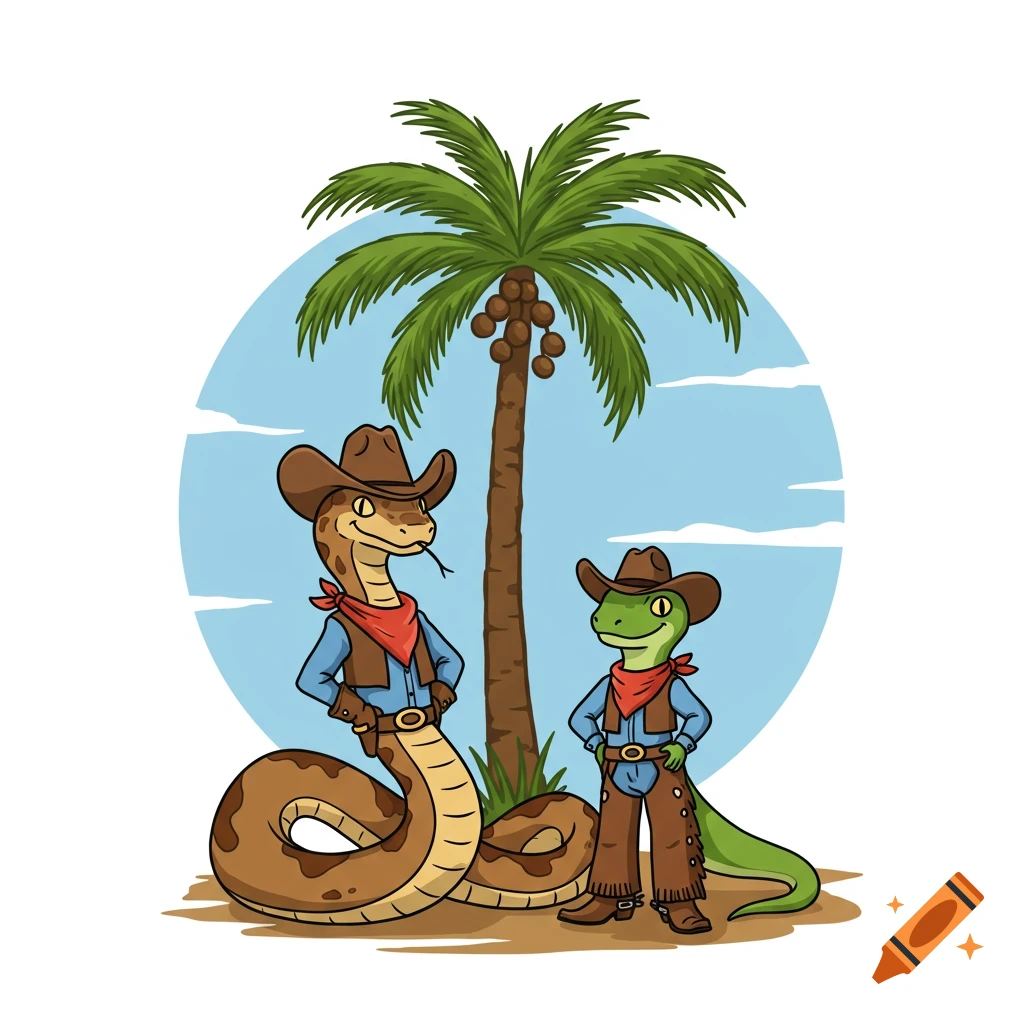 Cartoon snake and lizard dressed as cowboys standing under a palm tree
