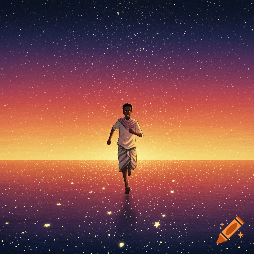 A person runs through a landscape where stars dot the ground and fill the sky.