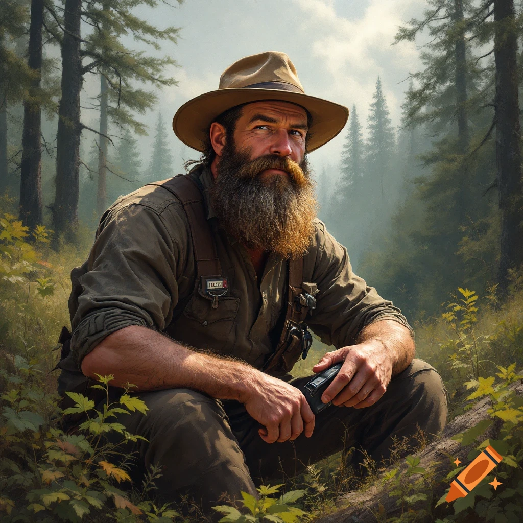 A bearded man in a hat squats in a forest.