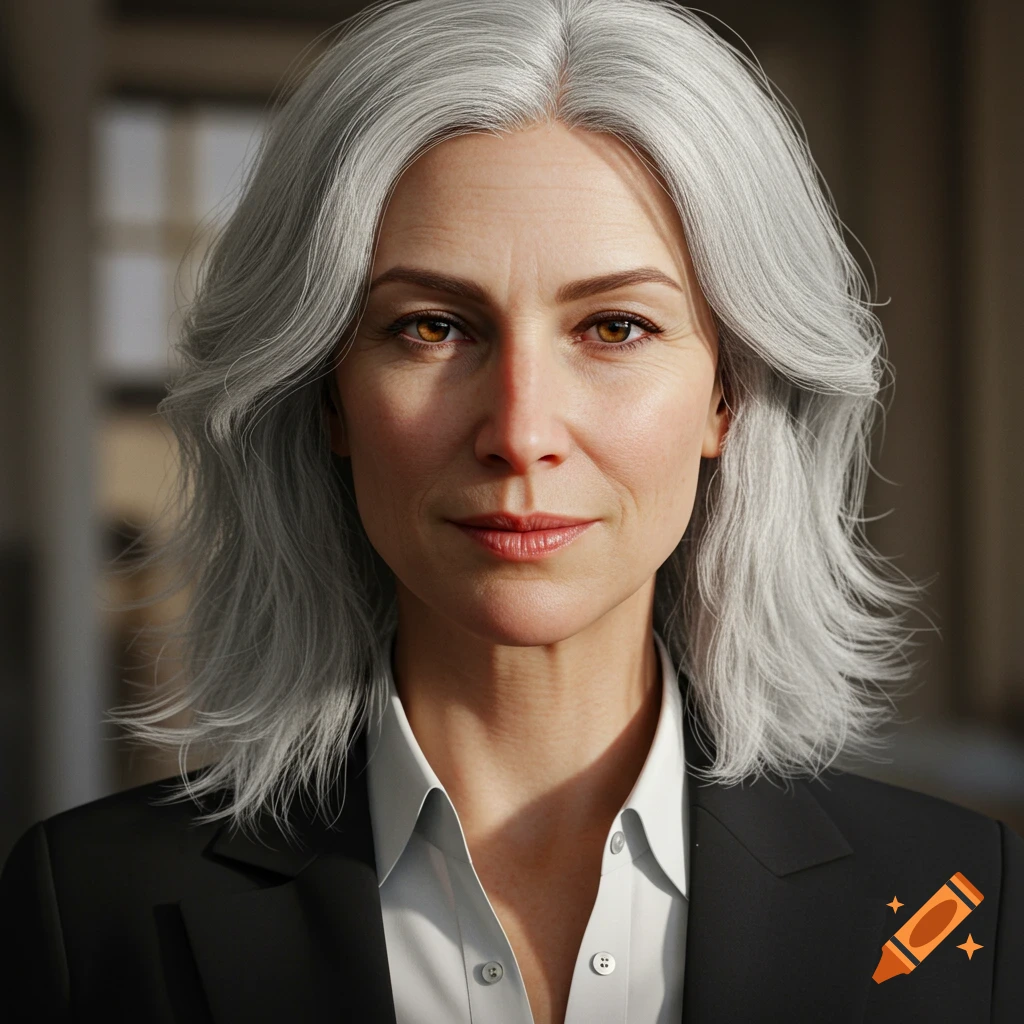 Photorealistic portrait of a woman with gray hair and brown eyes wearing a suit.