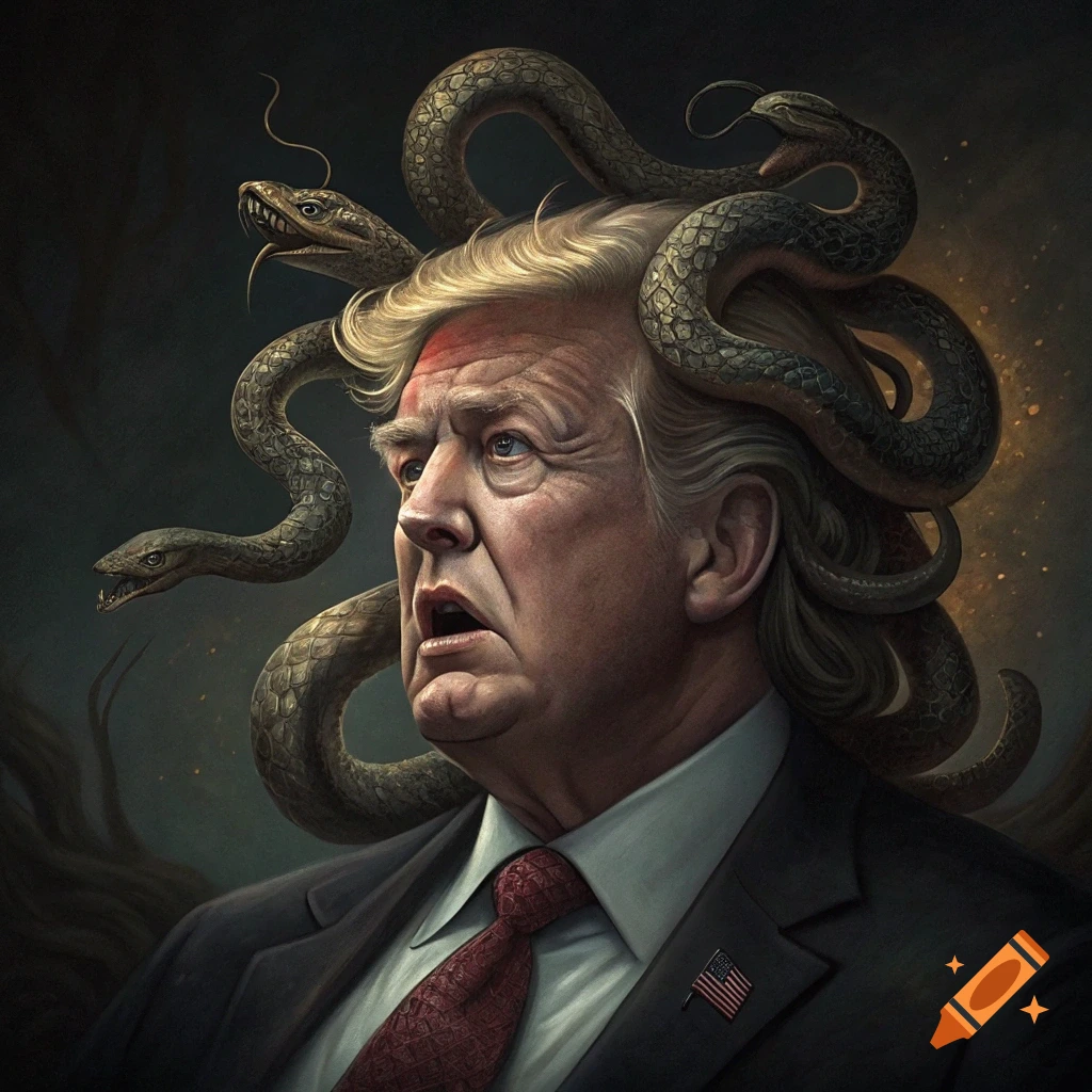 A portrait painting of Donald Trump with snakes for hair, looking surprised.
