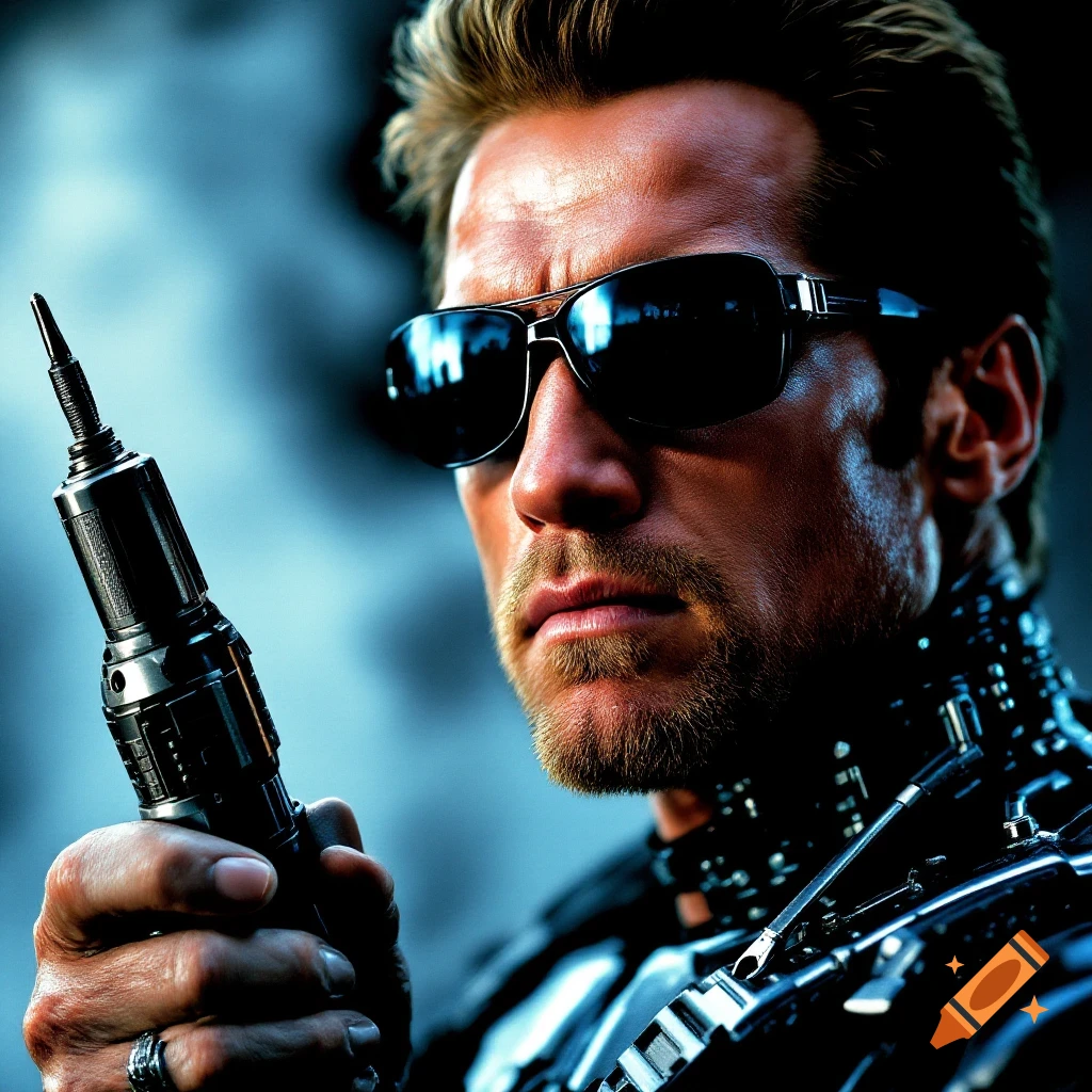 Close-up portrait of Arnold Schwarzenegger as the Terminator holding a dental drill