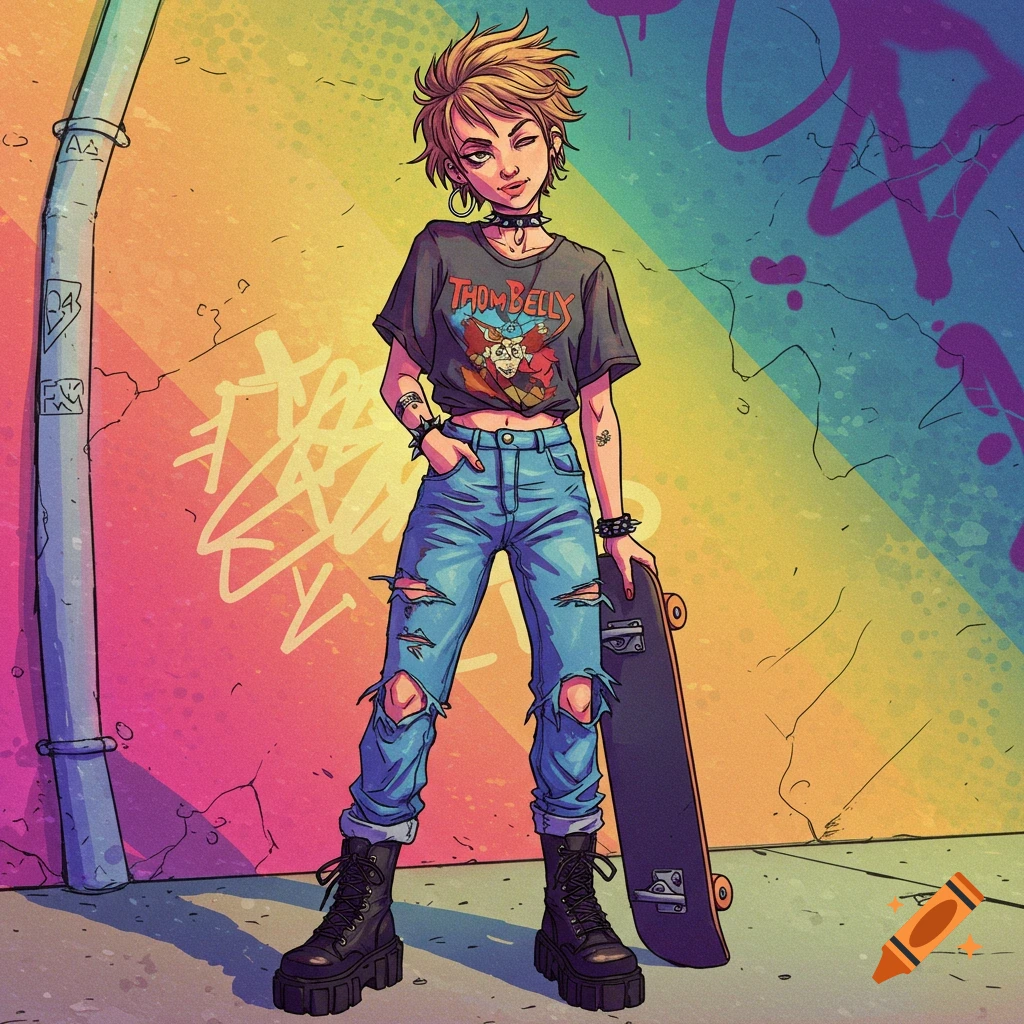 A tomboy with short hair, ripped jeans, and a skateboard stands before a colorful graffiti wall.