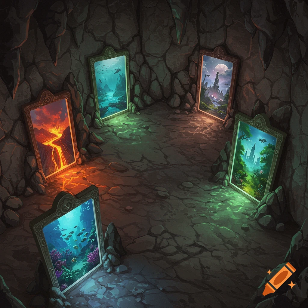 A rocky cavern with five ornate mirrors reflecting fantasy landscapes: a volcano, an underwater scene, a floating city, and a forest city.