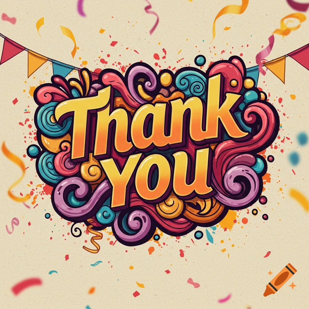 Colorful graphic art with 'Thank You' text, confetti, and banners.