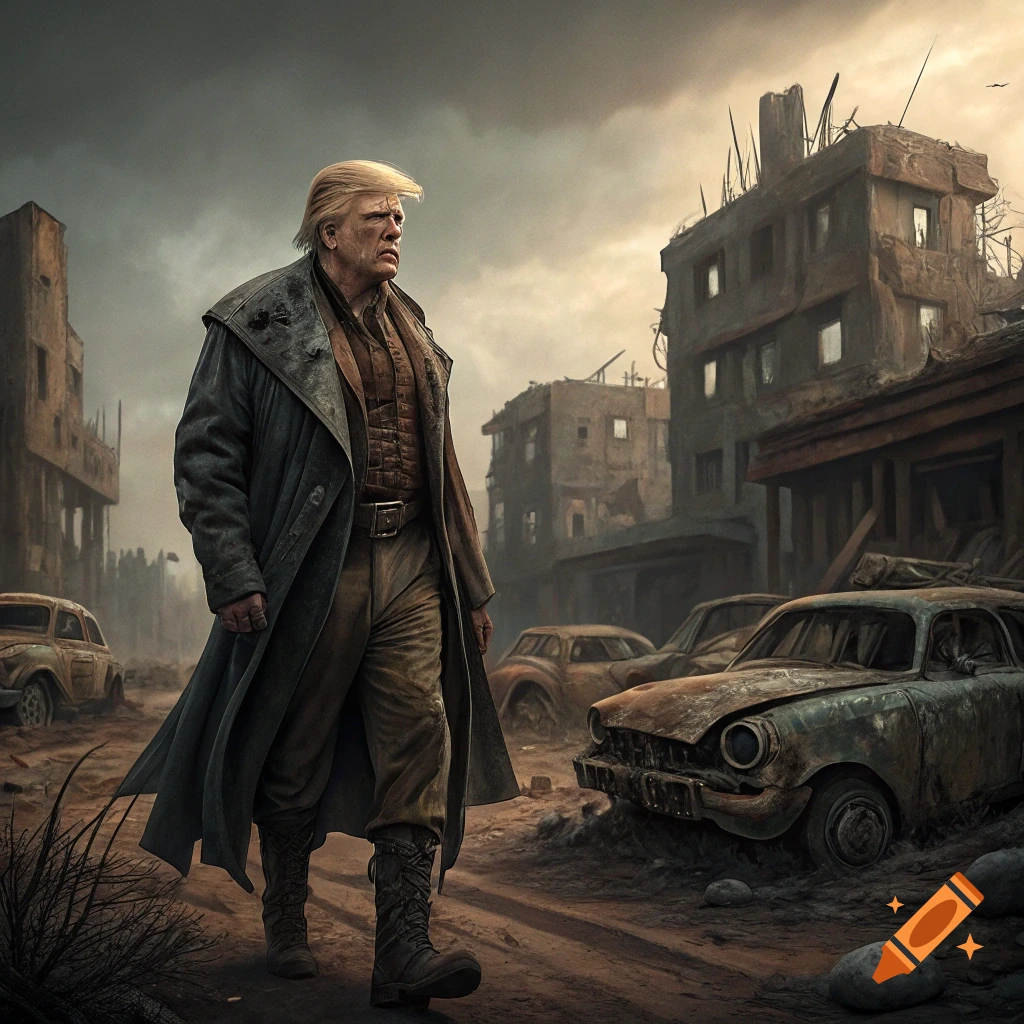 Figure resembling Donald Trump walking through a ruined, post-apocalyptic city
