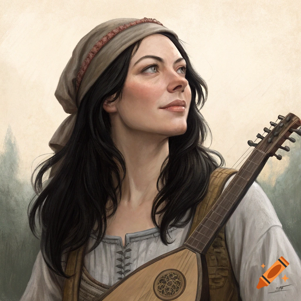 A medieval portrait of a woman in a headscarf playing a lute, looking upwards.
