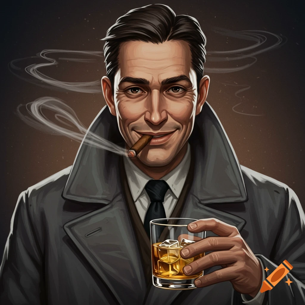 A man in an overcoat holds a glass of whiskey and smokes a cigar.