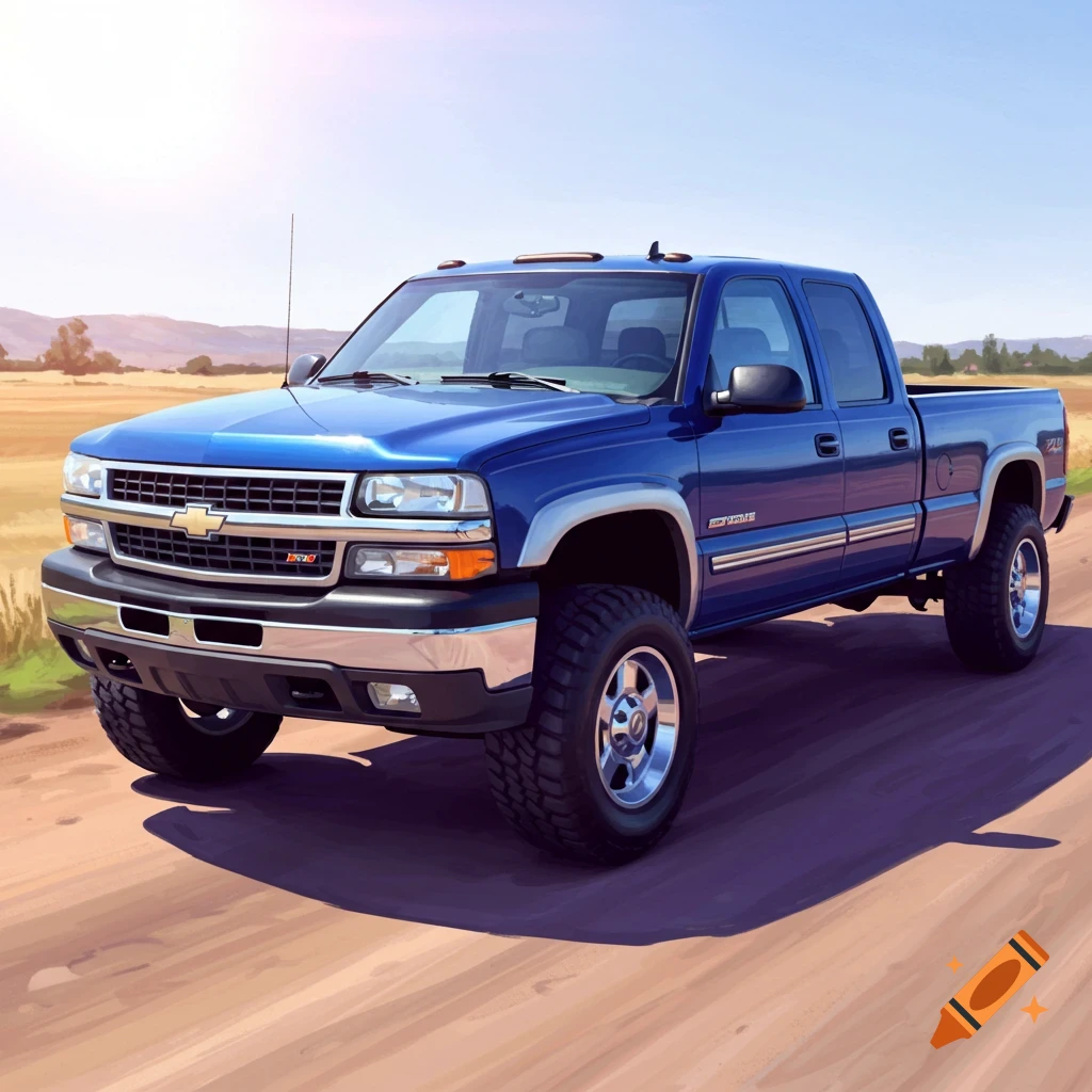 A blue pickup truck on a dirt road in a field
