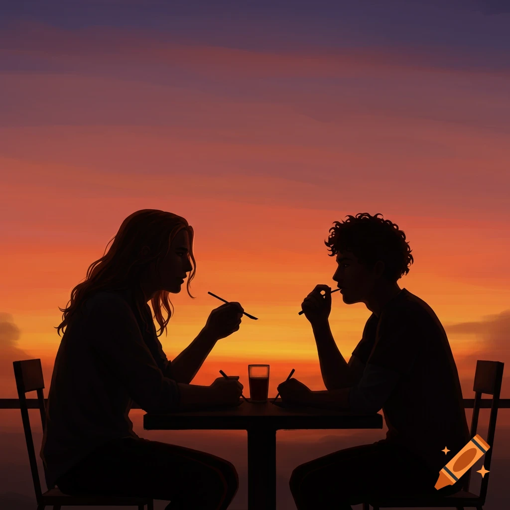 silhouette of two people eating dinner at sunset.