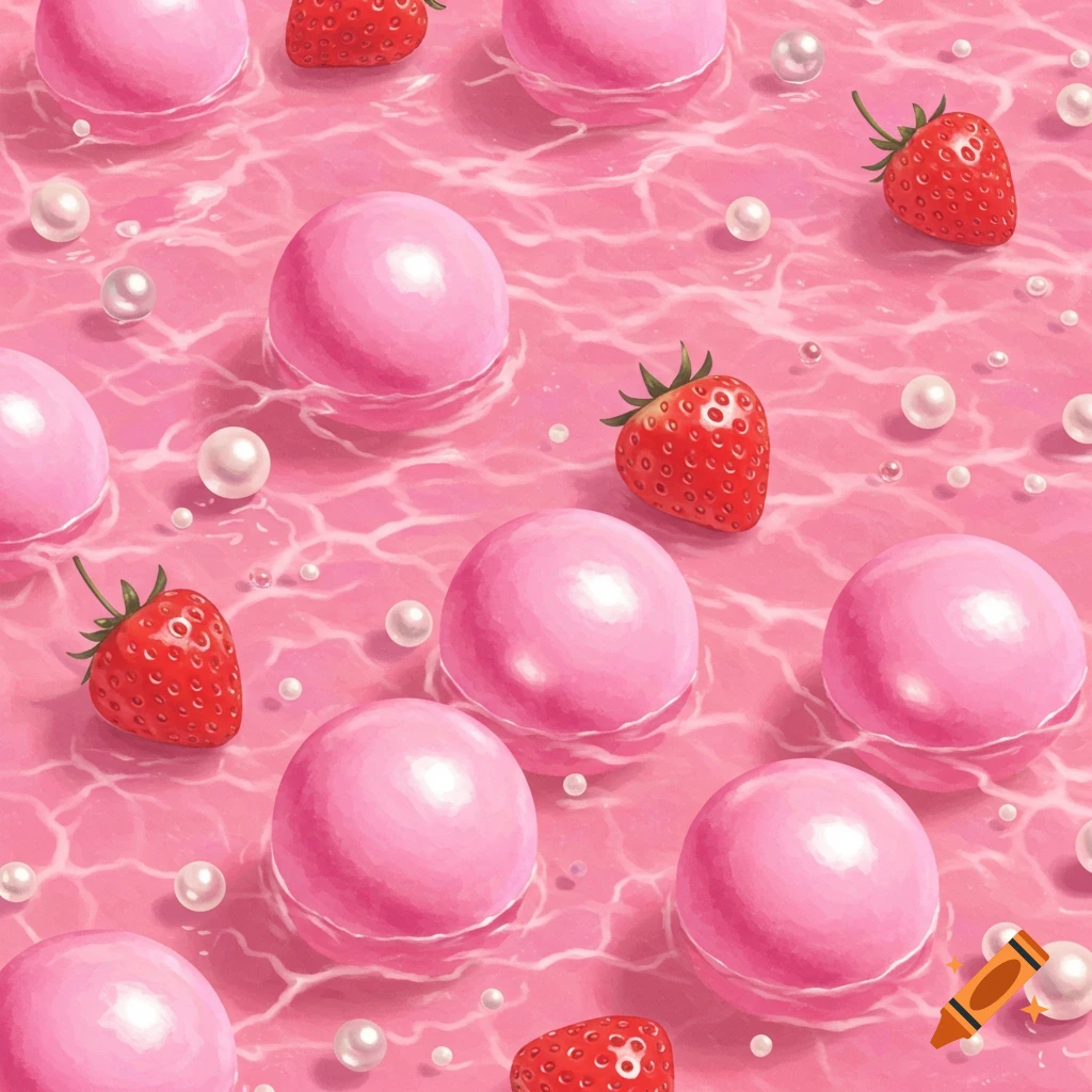 Seamless pattern of pink spheres, strawberries, and pearls in pink water