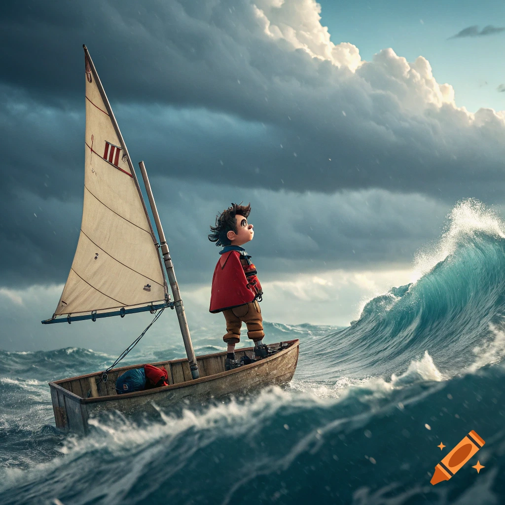 A small boy in a red cape stands on a sailboat in a stormy sea, looking up at dramatic clouds. Illustration style.