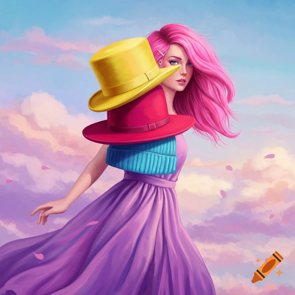 A person with pink hair wears a purple dress and a stack of three hats against a cloudy sky.