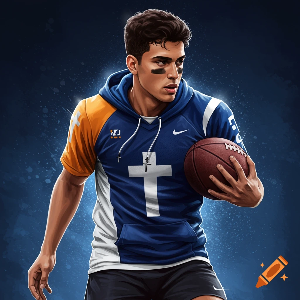 A young man holding a football, wearing a blue and orange hoodie with symbols and a cross.