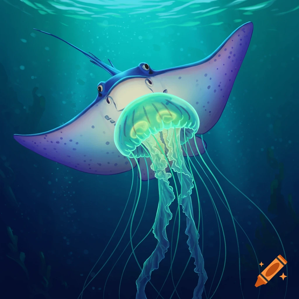 A cartoon stingray swims alongside a glowing jellyfish underwater.