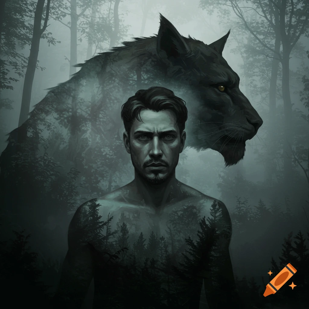 A man merges with a dark wolf creature in a misty forest.