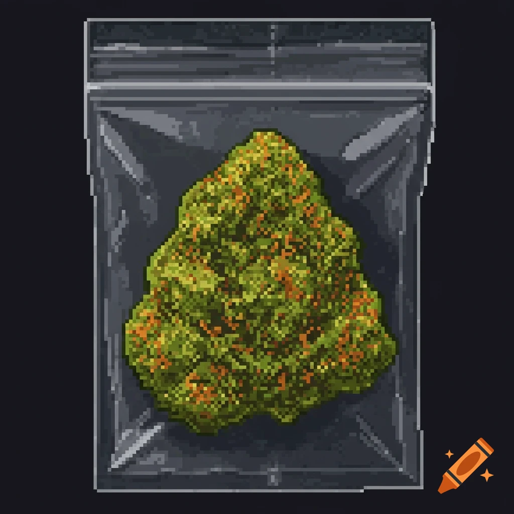 Pixel art of a cannabis bud inside a clear plastic bag.