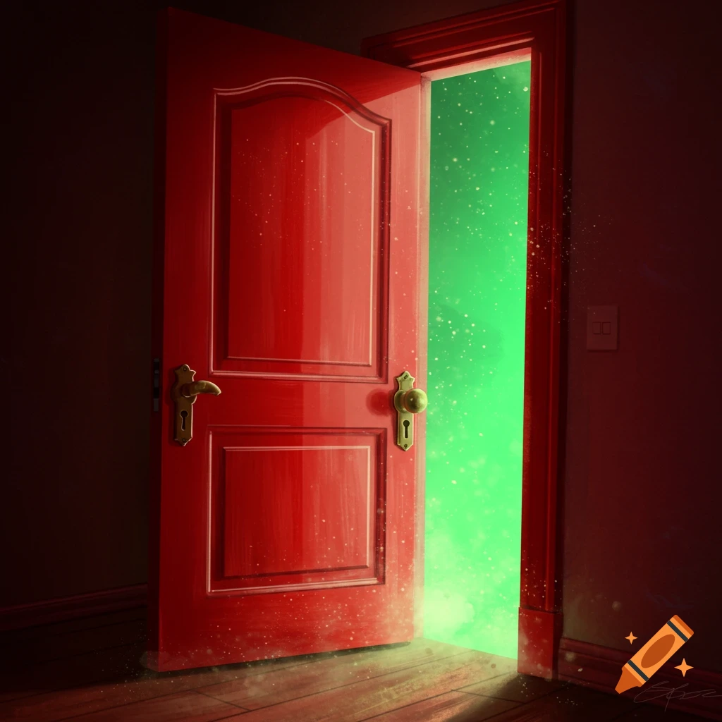 A red door opens into a glowing green void filled with particles.
