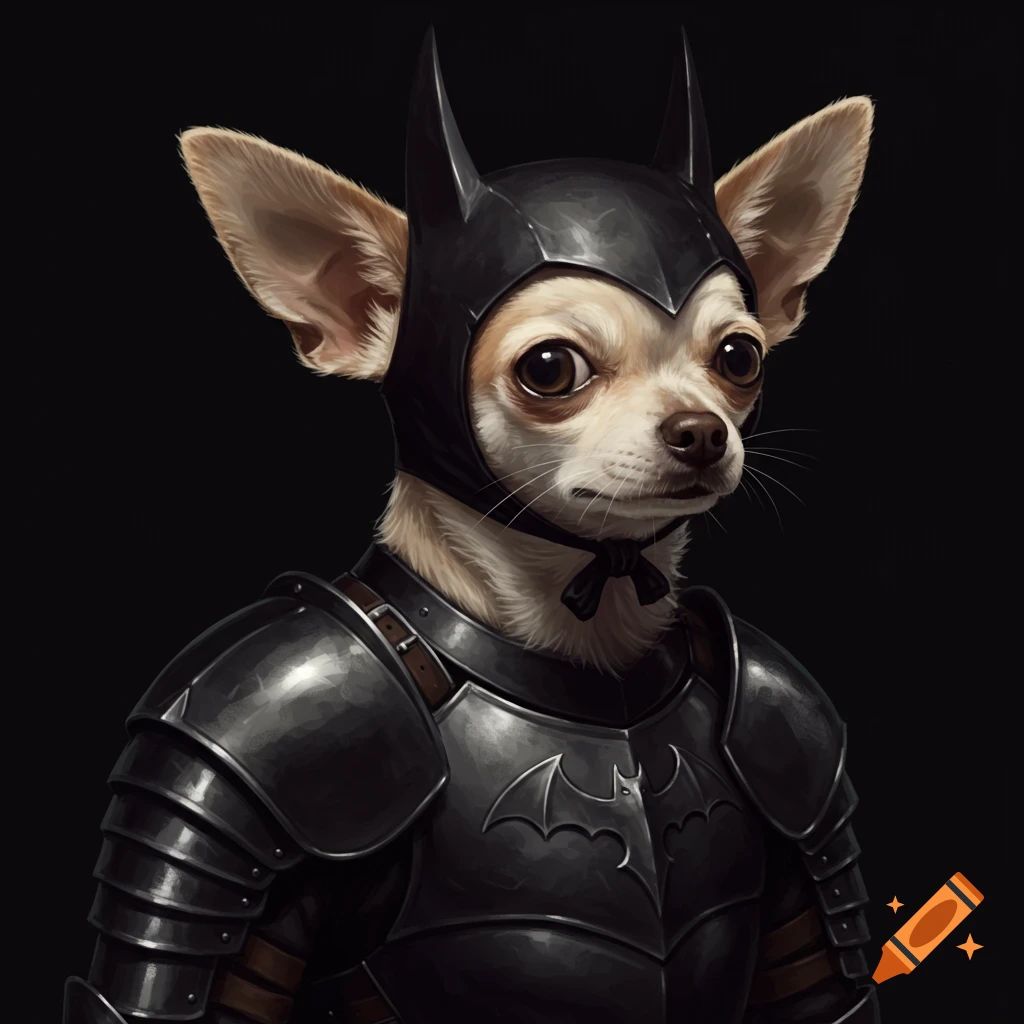 A Chihuahua dog wearing black Batman-like armor and cowl.