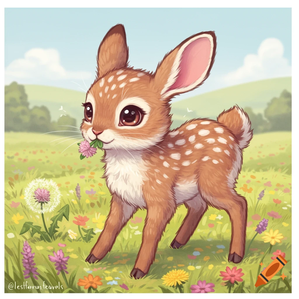 Whimsical cartoon of a cute fawn-rabbit hybrid nibbling a flower in a field of colorful wildflowers.
