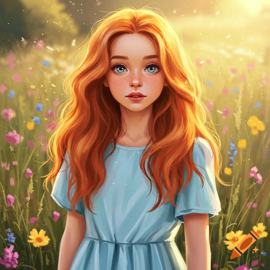 A red-haired girl in a blue dress stands in a sunlit field of wildflowers.