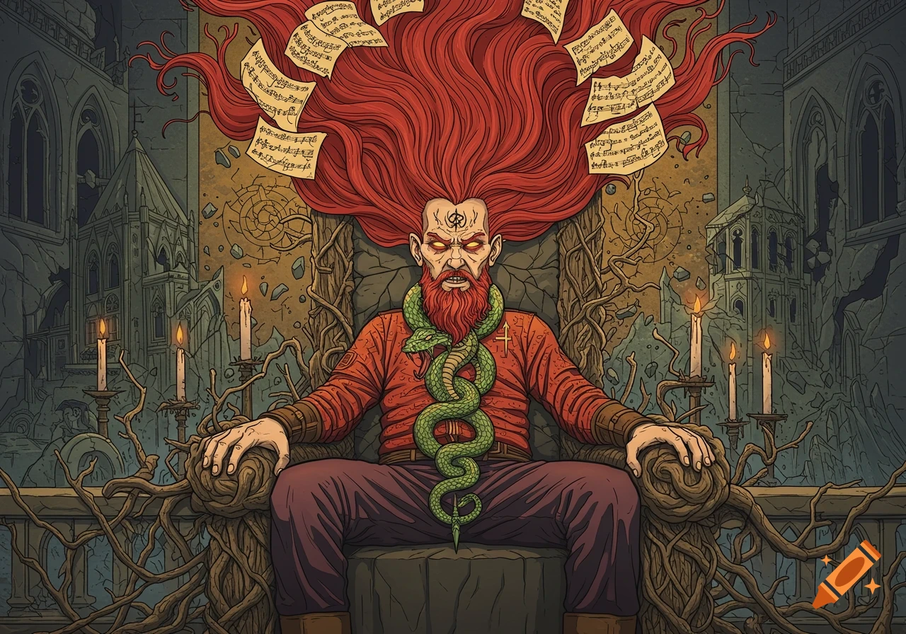 Illustration of a figure with red hair and beard, wrapped in a snake, sitting on a root throne in ruins with sheet music floating around.