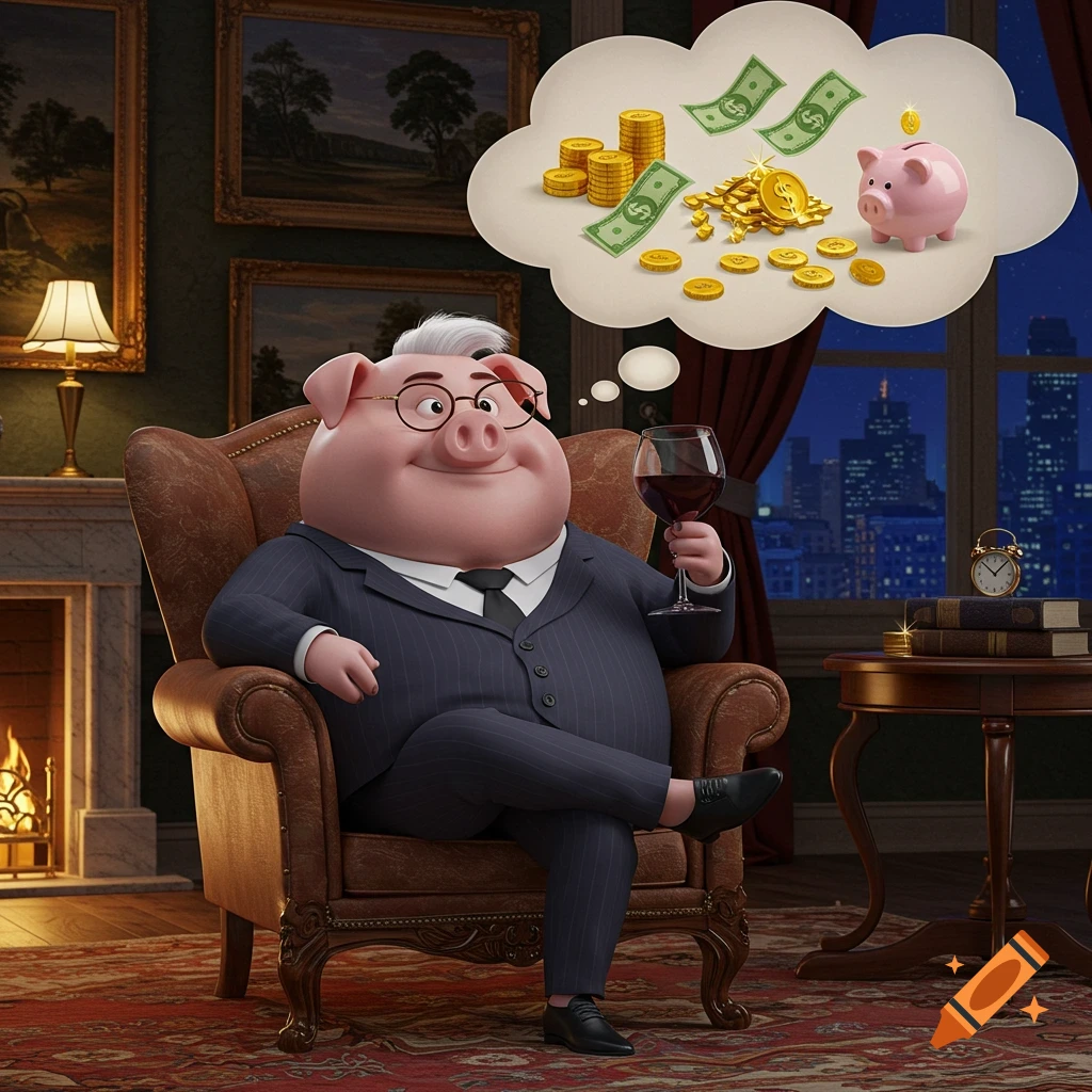 A cartoon pig in a suit sits in an armchair, thinking about money, gold coins, and a piggy bank in a luxurious room.