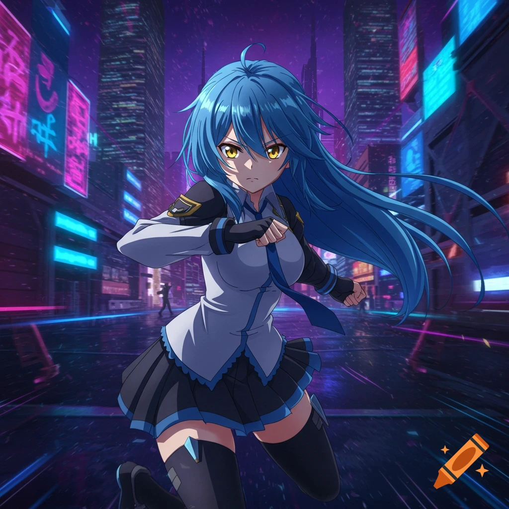 Anime girl running in a neon cyberpunk city
