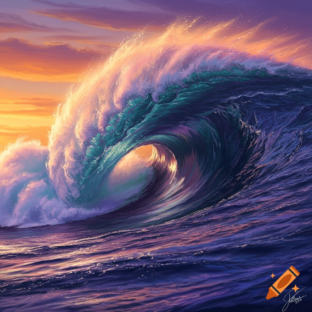 A huge wave curling with sunlight shining through it at sunset