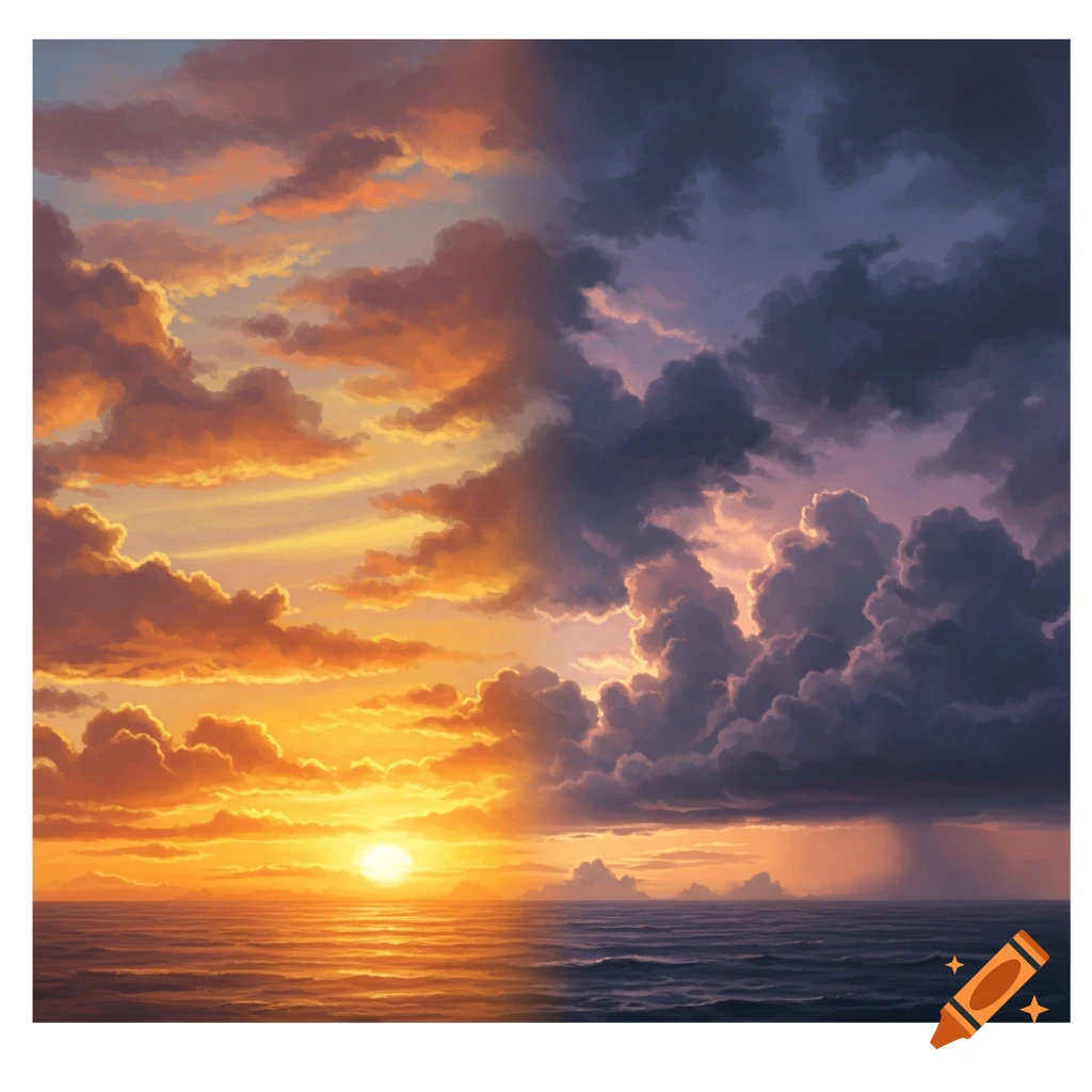 A seascape with a sky split between a sunset and a storm.