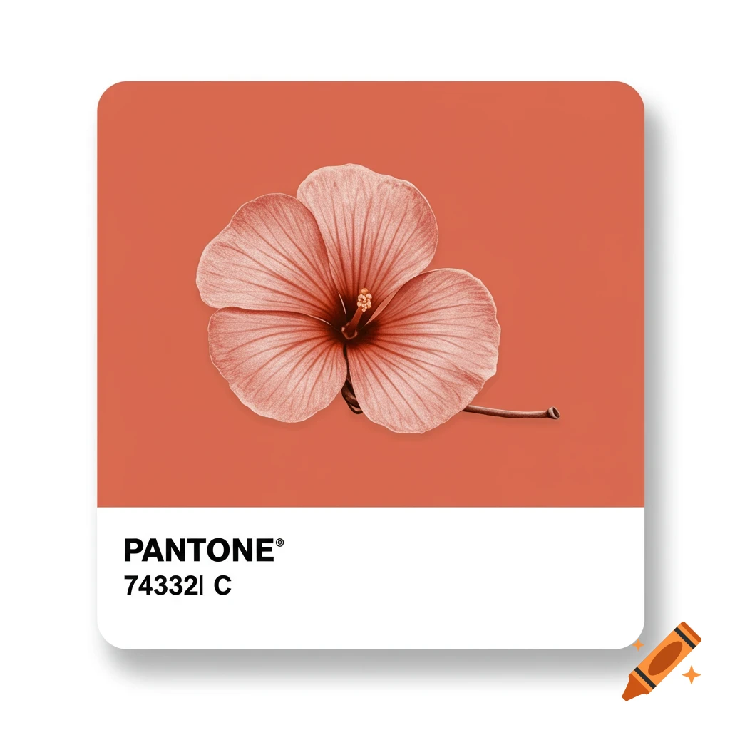 Pantone-style color swatch with a pink hibiscus flower on an orange background.