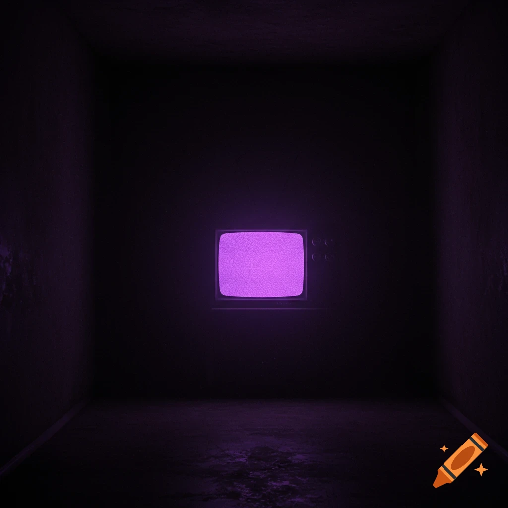 A dim room with a television screen displaying purple static.