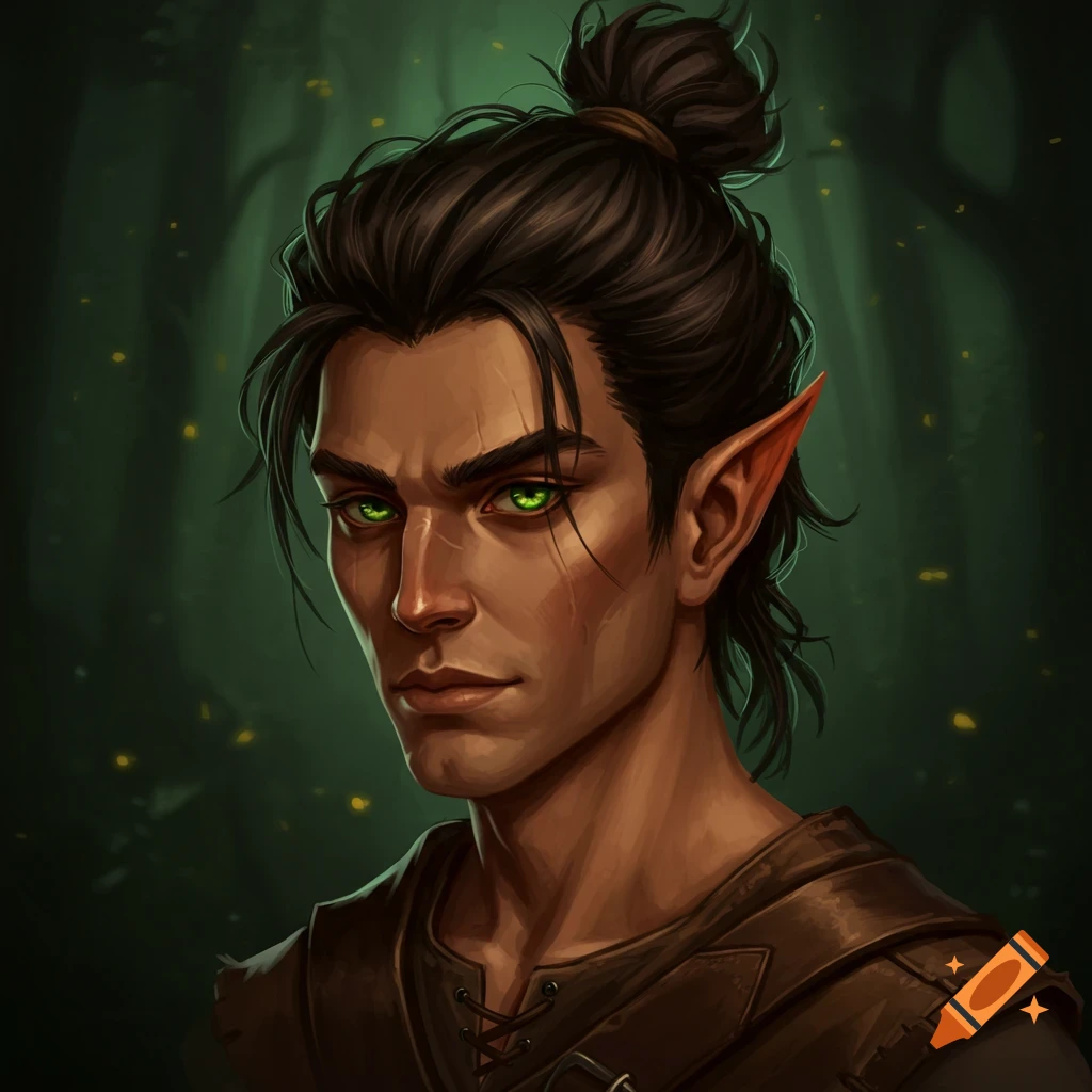 A fantasy man with elf ears, green eyes, and dark hair in a bun.