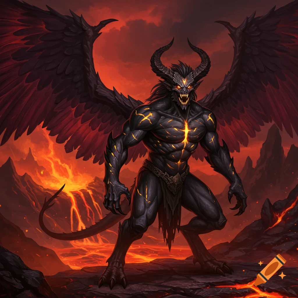 A horned demon with large wings standing in a fiery volcanic landscape