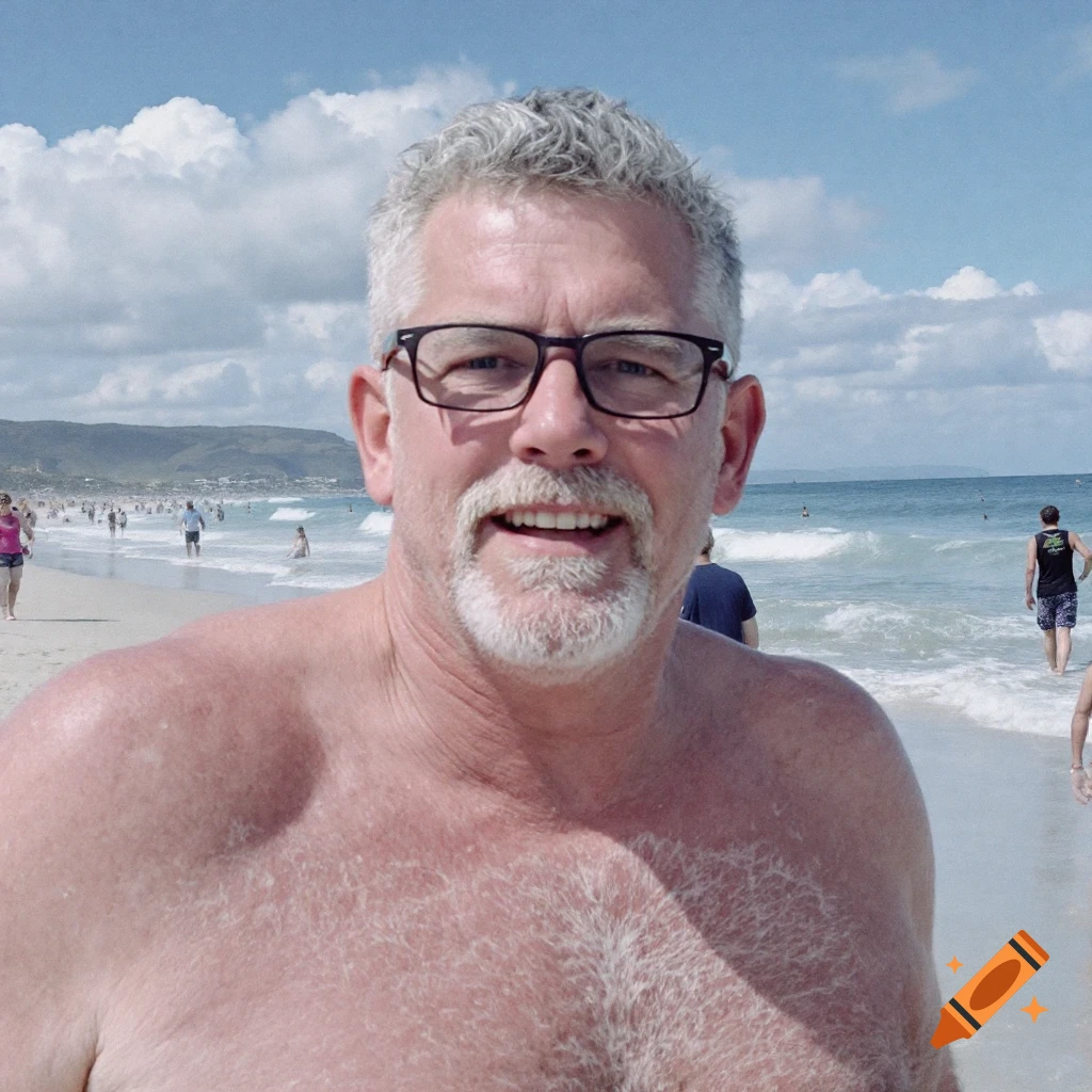 A man with grey hair and glasses smiles at the beach.