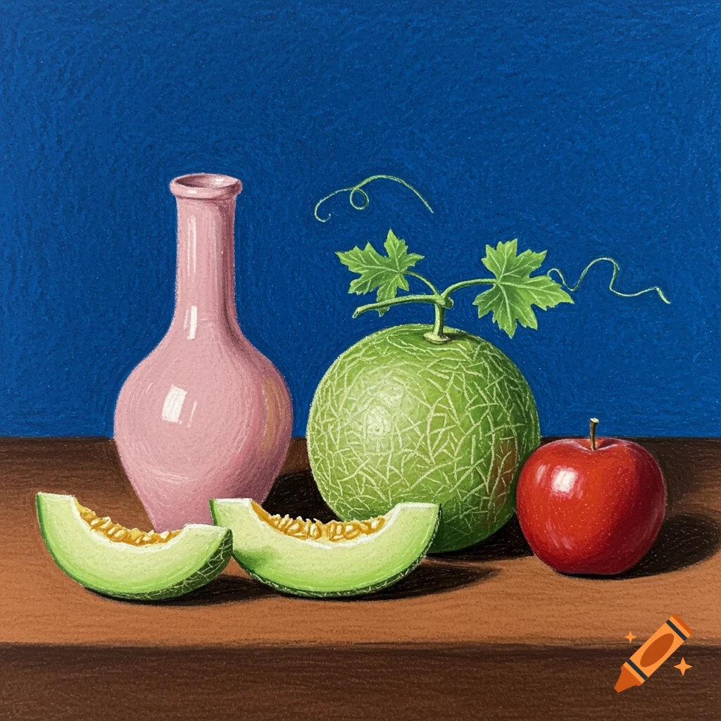 Still life drawing of a pink vase, melon, apple, and melon slices on a brown table with a blue background.