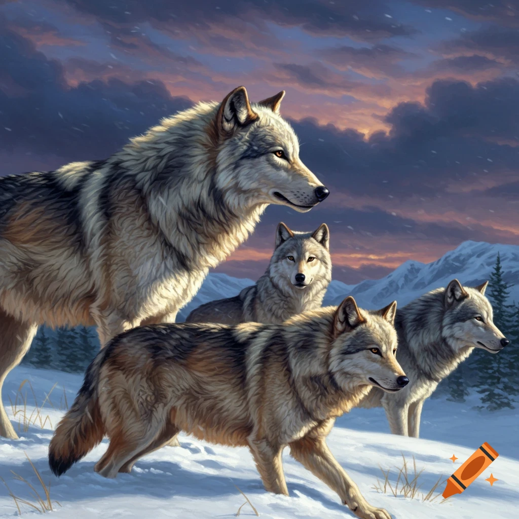 A pack of wolves is in a snowy mountain landscape at sunset.