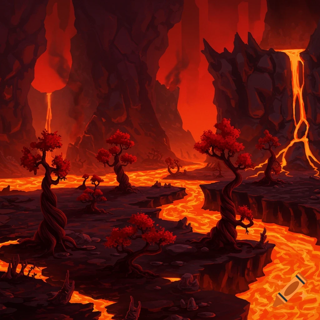 A volcanic landscape with rivers of lava and red-leafed trees.