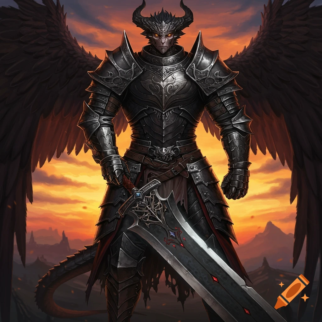 Fantasy figure in dark armor with wings and sword against sunset sky
