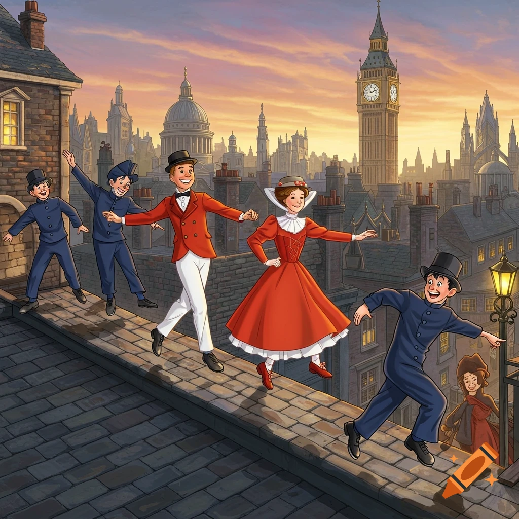 People in costumes dance on a London rooftop at sunset.