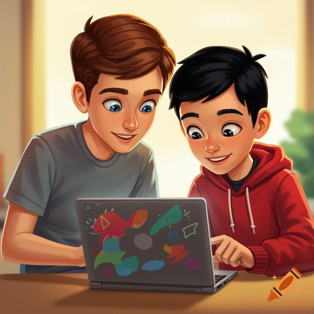 Two boys looking at a laptop screen with colorful abstract art.