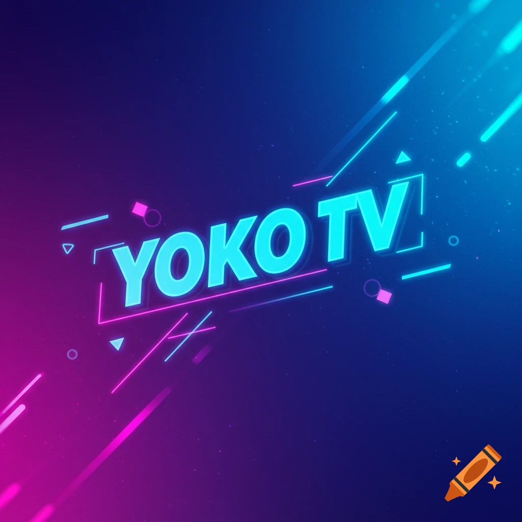 Graphic logo with YOKO TV text in neon style on a gradient background with light trails and shapes.
