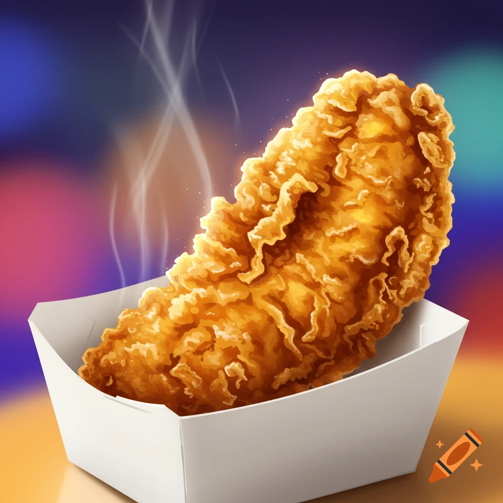A crispy fried chicken tender steams in a white fast food container.