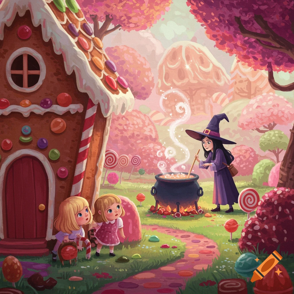 A whimsical image of two girls watching a witch stir a cauldron near a gingerbread house in a candy land.