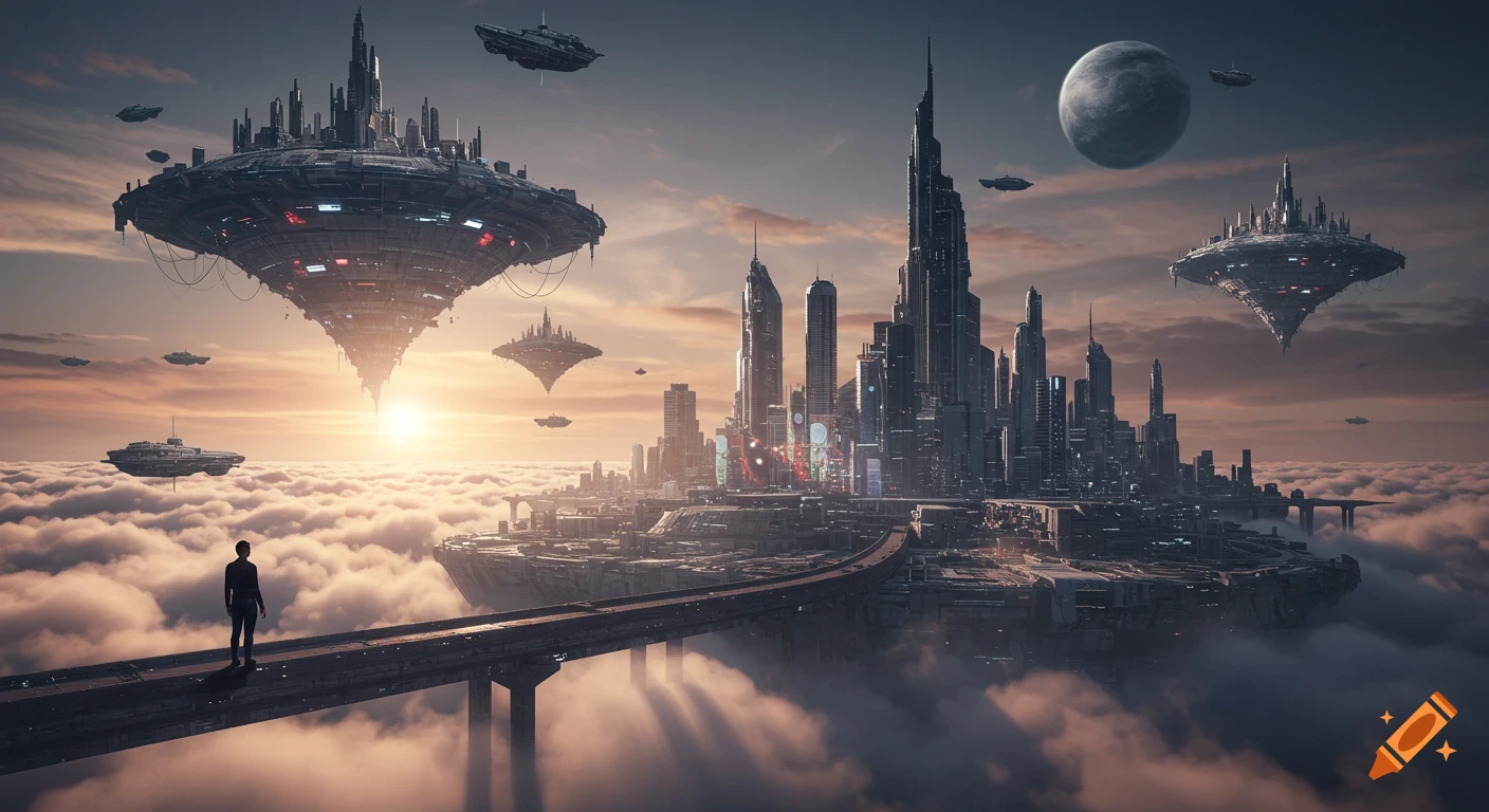 A person stands on a bridge overlooking a vast futuristic city floating among clouds, with spaceships flying nearby. Sci-fi digital art.